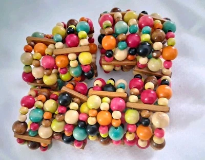 Juego de servilleteros con cuentas multicolor toda madera brillante colorido boho natural lote Foto 1 de 4