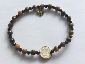 "The Joe" handmade bracelet 🍏🐝 (tiger eye, onyx, Norwegian coin + charm) - Bild 1 von 3