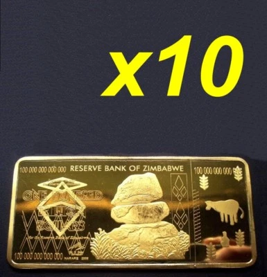 10 Pieces Zimbabwe 24K Pure Gold Plated Bar Ingot 100 Trillions Dollars - Image 1 of 3