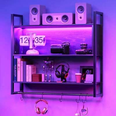 TC-HOMENY Gaming Floating Shelves for Wall with RGB LED Light Wall Mounted Display Shelf