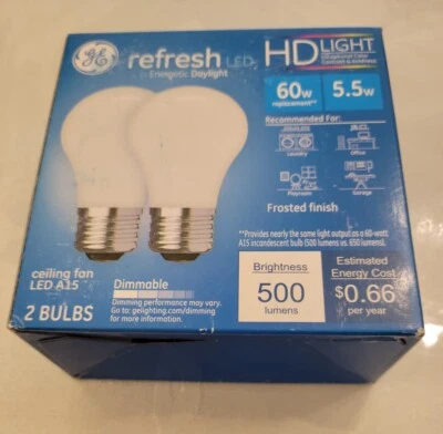 GE Refresh HD light 60w= 5.5w Dimmable A15 LED Daylight Celling Fan 2pk Frosted - Image 1 of 3