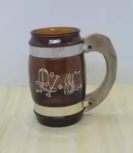 Taza de vidrio Siesta Ware ámbar marrón barril mango de madera bota de vaquero estribo vintage - Imagen 1 de 12