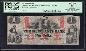 1800's $1 THE MERCHANTS BANK NEWPORT, RI OBSOLETE NOTE PCGS VERY FINE-30 - Picture 1 of 2