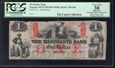 1800's $1 THE MERCHANTS BANK NEWPORT, RI OBSOLETE NOTE PCGS VERY FINE-30 - Image 1 of 2