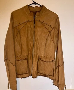 PASHA VENETO Women's Brown GENUINE LEATHER STUDDED Zip up Crinkle Jacket XL - Picture 1 of 11