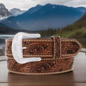 Tony Lama Floral Tan Leather Belt Size 34 C40064 List $54 Made In USA NWT - Picture 1 of 5