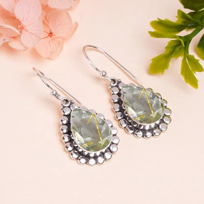 Golden Rutilated Quartz 925 Sterling Silver Earring, Christmas Gift, E14679 - Image 1 of 4