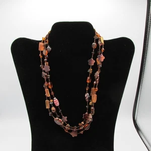 Triple Strand Necklace Amber Copper Brown Silver Tone Metal Lampwork Glass Bead - Picture 1 of 7