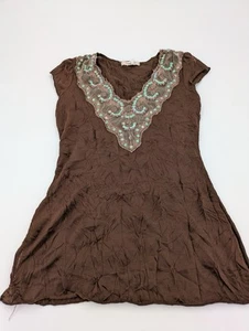 Vintage Y2K Pearl Star Babydoll Top Blouse Size Medium Brown V-neck Fairycore - Picture 1 of 7