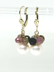 14k Yellow Gold Filled Tourmaline and White Pearl Cluster Dangle Earrings - Picture 1 of 3