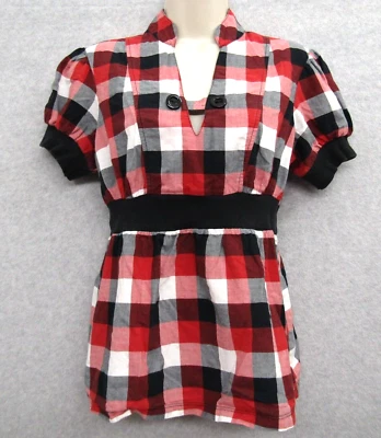 BeBop Womens Juniors Top Shirt Blouse Size M Red Short Sleeve V Neck Plaid - Image 1 of 4