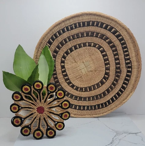American Vintage | set of 2 natural grass hand-woven tan/brown basket & trivet Cover