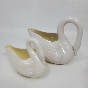 Belleek Ireland Porcelain Swan Pair Green 4th Mark Large 6"- 1946-1955 & 4" MINT - Picture 1 of 20