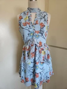 Loveriche Floral Keyhole Halter Mini Dress, Tiered Ruffle, Lt Blue Sz L NWT - Picture 1 of 11