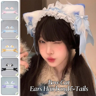 Pinzas para el pelo con moño orejas de gato felpa diadema colas anime Lolita JK lindas niñas disfraces Foto 1 de 4
