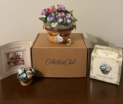 MIB Longaberger May Series Miniature Morning Glory Basket & Boyds Treasure Box Cover