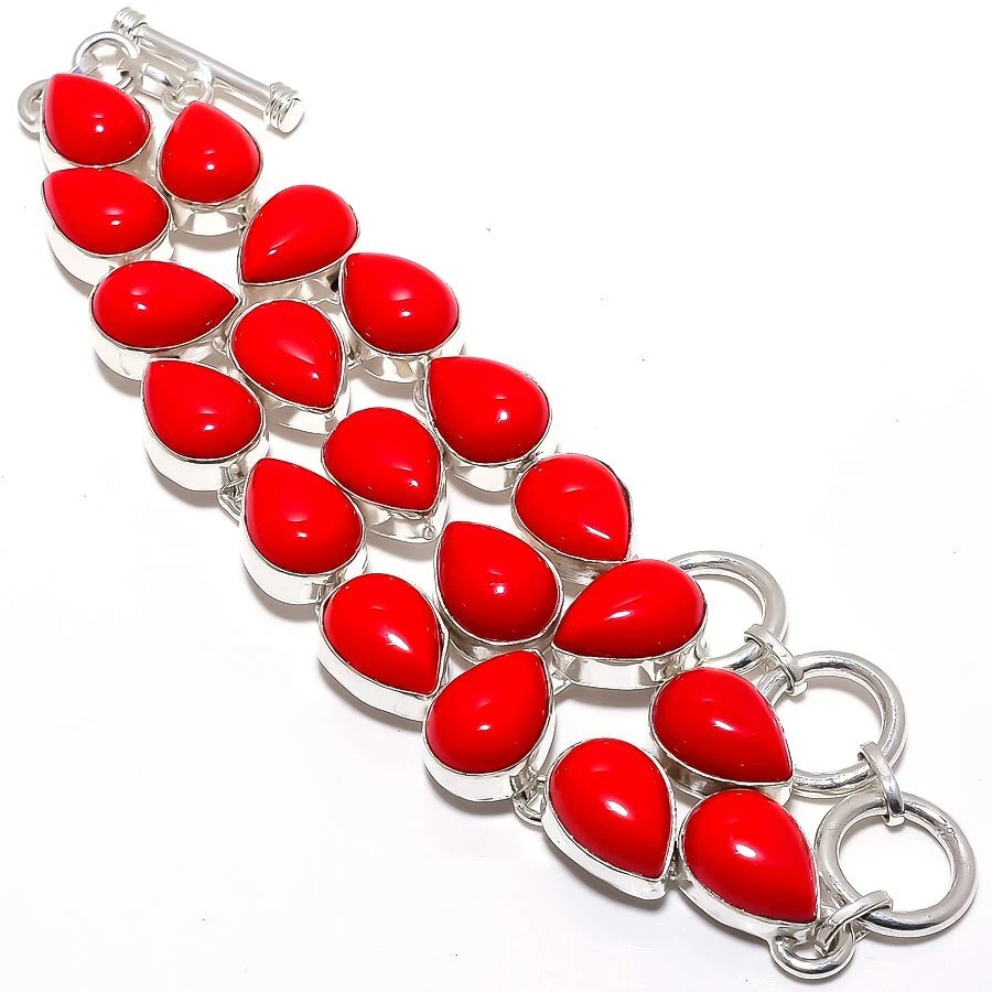 Браслет из стерлингового серебра 925 пробы с красным кораллом 7-8 дюймов N008 - Изображение 1 из 4