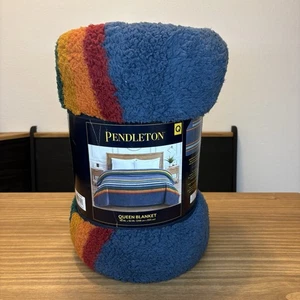 Coperta Pendleton Sherpa Queen - blu a righe mare morbida e accogliente nuova - Foto 1 di 4