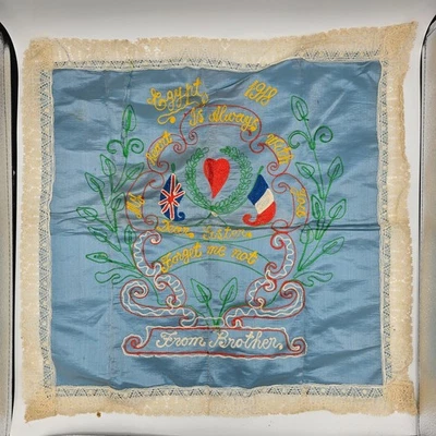 Large WWI 1918 Egypt Sweetheart Silk “Forget Me Not” From Brother to Sister VGC - Image 1 of 4