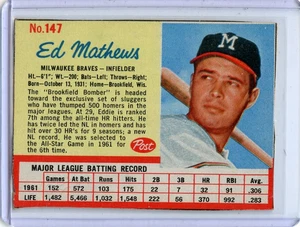 1962 Post Eddie Mathews Milwaukee Braves #147 ⭐️💥🎯 Hand Cut VGEX - Bild 1 von 2
