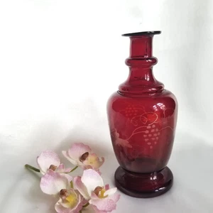 Vintage Bohemian Ruby Red Glass Decanter Bottle- Grapes & Leaves - Picture 1 of 11