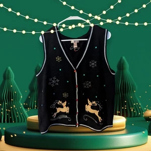 Ugly Christmas Pullover Weste Gr. XL 16-18 weiß Hirsch schwarz Urlaub Rentier Schnee - Bild 1 von 10