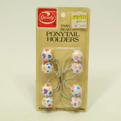 Vintage Goody Twin Bead Ponytail Holders Large Colorful Flowers Hearts NOS 1982 - Image 1 of 3