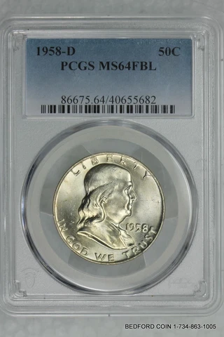 PCGS MS64 FBL 1958-D FRANKLIN SILVER HALF DOLLAR 50c  (BC82) Cover