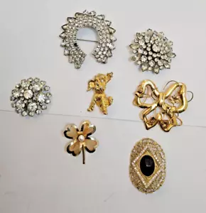 Vintage Rhinestone And Gold Brooches Unsigned Brooches Lot Of 7 - Picture 1 of 5