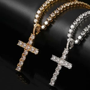 Men Women Hip Hop Cross Pendant Necklace with 4mm Zircon Tennis Chain Iced Out - Picture 1 of 13