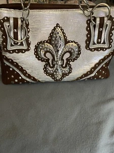 Western Glam Conceal Carry Pocket Handbag/Purse Silver/Brown Fleur De Lis - Picture 1 of 12