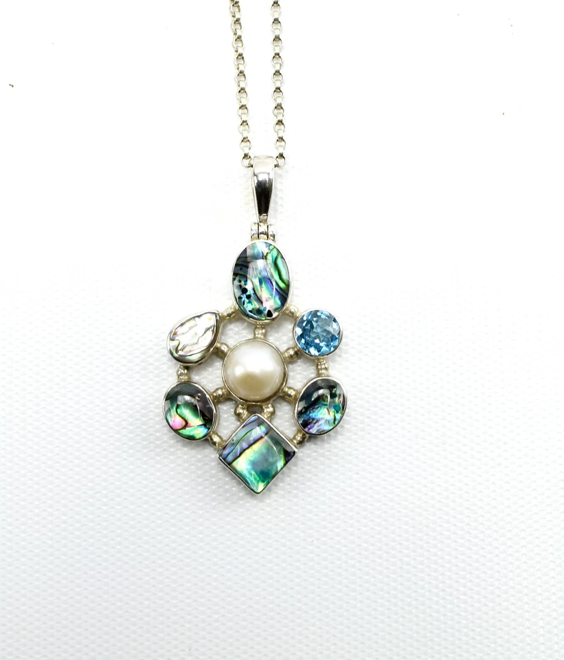 Freeform Abalone & Pearl Sterling Silver Pendant & Chain Necklace - Image 1 of 4