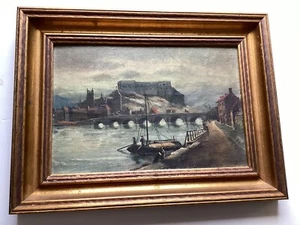 Antique Oil Painting View Of The City Of Huy Belgium, On The Meuse River - Picture 1 of 14