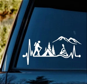 Hiker Guy Camping Tent Kayak Heartbeat Decal Adventure Sticker Car Window BG 486 - Picture 1 of 4