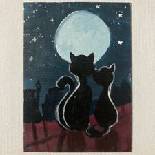 ACEO ORIGINAL PAINTING Mini Art Card Animal Pets Cats Moon Night Stars Ooak