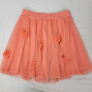 American Girl Girl's Orange Coral Skirt Mesh 3D Flowers Full Elastic Waist Sz 14 - Picture 1 of 5