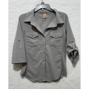 Camisa Lucy con botones para mujer L gris manga lengüeta enrollable 2 bolsillos cuello top - Imagen 1 de 7