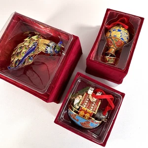 LOT OF 3 Dillards Trimmings Cloisonné Peacock, Ark, Balloon Ornament Gold Enamel - Picture 1 of 17