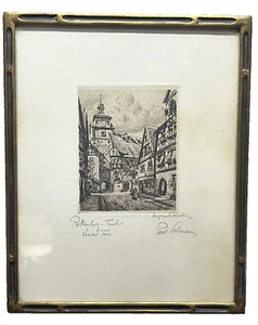 Incisione tedesca Rothenburg Markus Tower firmata, intitolata a matita da Paul Sollmann - Foto 1 di 6