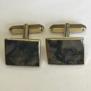 Unusual Vintage 9ct Solid Gold & Moss Agate Pair Of Cufflinks 1.7cm X 1.3cm - Picture 1 of 8