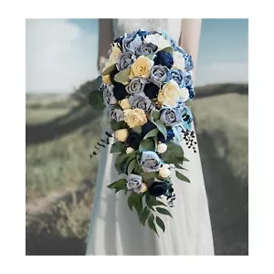 Ramo de novia 24" largo azul marino polvoriento madera Sola flor cascada blanco boda - Imagen 1 de 3