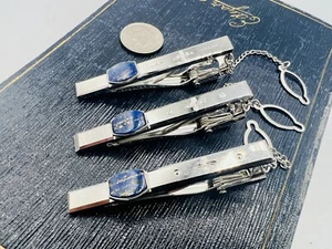 3 Vintage Lapis Lazuli & Shiny Chrome Tie Clasps Clips Unused Old Stock 1990s - Picture 1 of 9