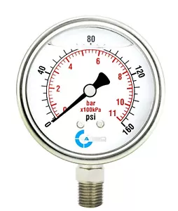 2" Pressure Gauge, Stainless Steel Case, Liquid Filled, Lower Mnt, 160 PSI - Picture 1 of 4