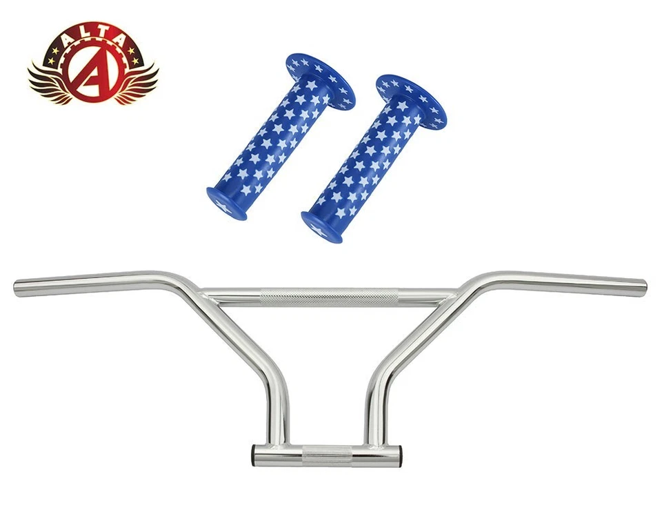 ALTA 4-Piece BMX Handlebar Old School Chrome W/ WHITE STARS BMX Style GRIPS. - Image 1 of 1