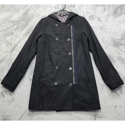 Volcom Coat Womens S Black Wool Blend Northbound Peacoat Hooded Double Breasted - Image 1 of 4