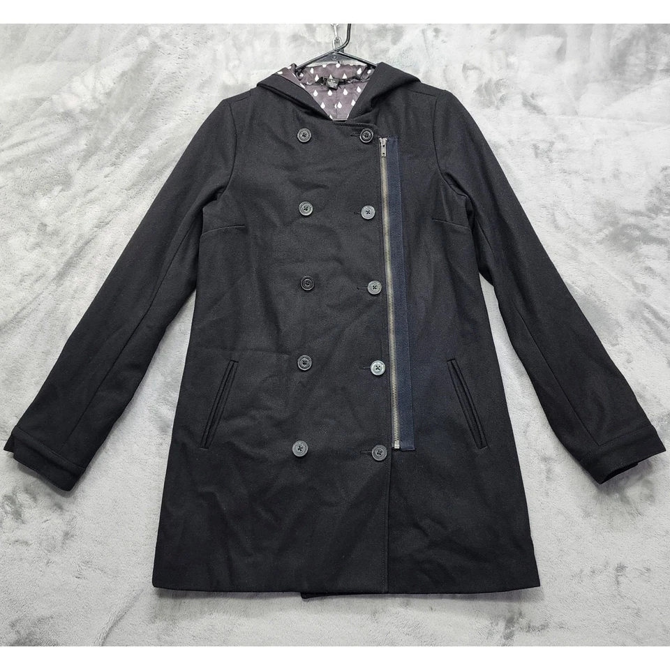 Volcom Coat Womens S Black Wool Blend Northbound Peacoat Hooded Double Breasted - Image 1 of 4