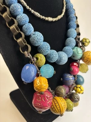 Boho Necklace Lot Mixed Materials Blue Stone Beads Chunky Artisan - Image 1 of 4