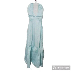Mott50 Sz M Serena Ruffle V Neck Maxi Dress Blooming Trellis Blue White UPF50 - Picture 1 of 13