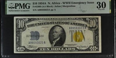 $10 1934 Silver Certificate Fr 2309 Incredibly Rare North Africa PMG VF 30 - Image 1 of 3