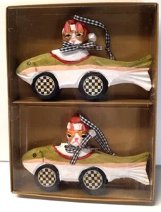 Mackenzie Childs Carved Wood Cruising Cat Kitty Ornaments Set of 2-retired - Picture 1 of 1